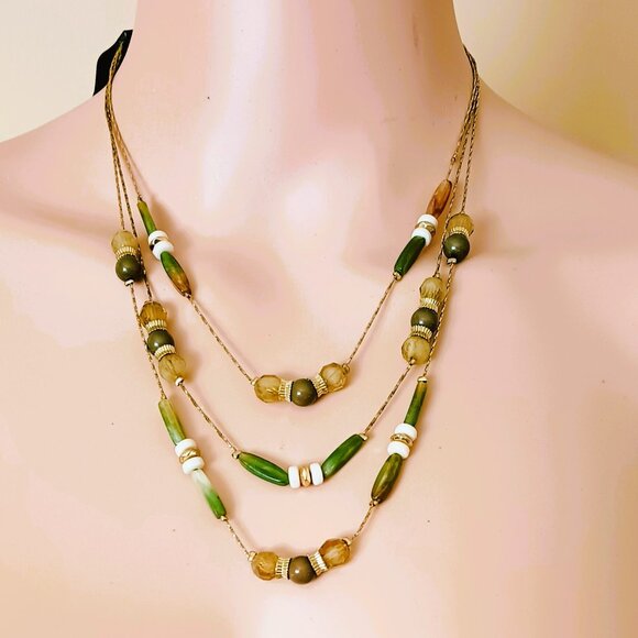 NY & Co Multi Strand Beaded Necklace 24" Layered Gold Green & Brown Tones - Picture 1 of 9
